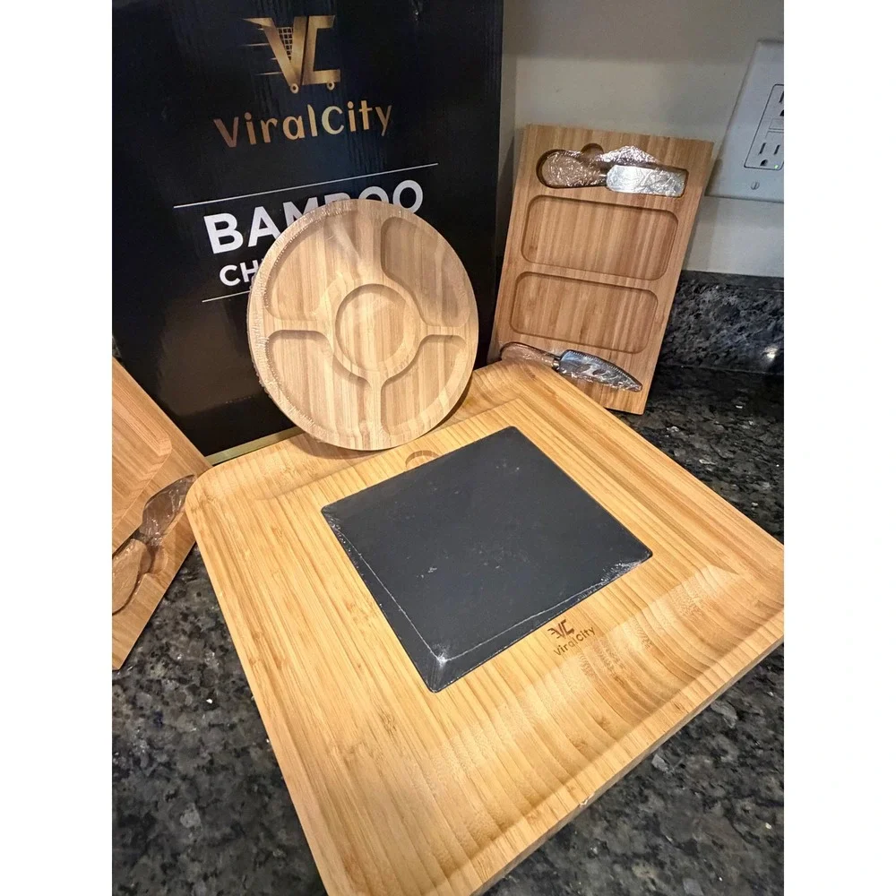 ViralCity Bamboo Cheese Board Set with Slate Insert and Slide Out Drawers New